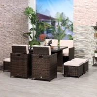 Outsunny 8 Seater Rattan Cube Garden Furniture Set, Rattan Dining Set with Cushions, Outdoor Dining Table and Chairs with 4 Armchairs, 4 Stools, Square Glass Top Table for Patio, Balcony, Brown(m-2)