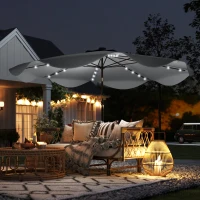 Outsunny Sombrilla de Jardín Manual Ø292x254 cm con 32 Luces LED Solares 8 Varillas Impermeable y Rejillas de Ventilación Gris(m-2)