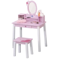 HOMCOM Coiffeuse Enfant Table de Maquillage avec Tabouret, 1 tiroir, Miroir 59 x 39 x 92 cm Bois Rose(m-11)