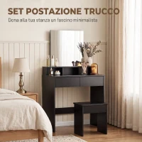 HOMCOM Tavolo da Trucco con Specchio, 3 Ripiani, 2 Cassetti e Sgabello, in Legno, 75x38x135 cm, Nero(m-4)
