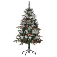 HOMCOM 4FT Artificial Snow Dipped Christmas Tree Xmas Pencil Tree Holiday Home Party Decoration with Foldable Feet Red Berries White Pinecones, Green(m-1)