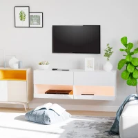 HOMCOM Mueble de TV de Pared con luces LED y Mando a Distancia Mueble Colgante en Blanco de Alto Brillo para Salón Dormitorio Carga 30 kg 120x35x40,5 cm(m-10)