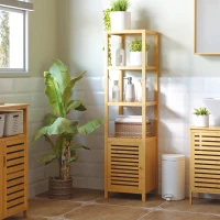 HOMCOM Meuble Colonne Rangement Salle de Bain Bambou Design Naturel 36L x 33l x 140H cm 2 étagères 4 Niveaux + Placard(m-10)