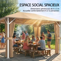 Outsunny Tonnelle de Jardin Pavillon Structure Stable en Métal 60mm Protection UV50+ et 10 Trous de Drainage 394x294x255cm Khaki(m-8)