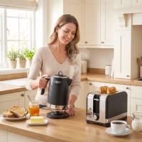 HOMCOM waterkoker- en broodroosterset, 1,7 l 2200 W snelkokende waterkoker met thermostaat, 2-sleufs broodrooster, grijs(m-8)
