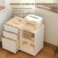 HOMCOM Móvel para Impressora com Rodas, 3 Gavetas, Barra Ajustável, 2 Prateleiras Abertas e Puxadores, para Documentos A4, Branco(m-5)