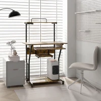 HOMCOM Scrivania per computer su ruote con ripiani e piano tastiera, 80x50x130 cm, marrone(m-6)