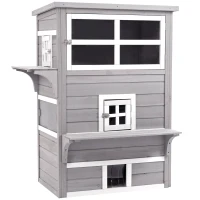 PawHut Caseta para Gatos de Madera Exterior Casa Grande para Gatos de 3 Pisos con Múltiples Entradas Ventanas y 2 Plataformas para Terraza Balcón Jardín 93,5x67x117 cm Gris(m-11)