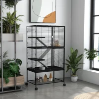 PawHut Jaula para Animales Pequeños de 4 Niveles con Ruedas Rampa Comedero Bebedero y Bandeja Extraíble 78x45,5x136 cm Negro(m-10)