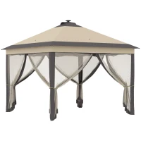 Outsunny Carpa Plegable con Luces LED 3,3x3,3 m Cenador de Jardín con Control Remoto  con 4 Mosquiteras Altura Ajustable Beige(m-1)