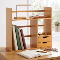HOMCOM Organizer da Scrivania in Bambù con 2 Cassetti, Portaoggetti Multifunzionale Porta Cancelleria e Documenti con Ripiani, Uso Reversibile(m-4)