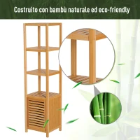 HOMCOM Mobile Alto Bagno/Terrazzo, Scaffale a Torre in Bambù 4 Ripiani + Armadietto con Anta, 36x33x140cm, Color Legno(m-4)