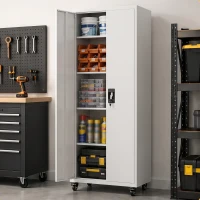 HOMCOM Armário de Ferramentas em Aço 180 cm com Rodas Amovíveis, Prateleiras Ajustáveis e Carga até 250 kg para Garagem Branco(m-2)
