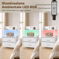 HOMCOM Set di 2 Comodini con Luci LED e Stazione di Ricarica, 40x30x60 cm, Bianco(m-5)