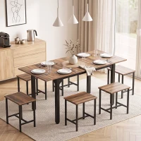 HOMCOM Set Pranzo con Tavolo Allungabile a 160cm e 6 Sgabelli per 4-6 Persone, Nero e Noce(m-2)