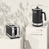HOMCOM waterkoker- en broodroosterset, 1,7 l 2200 W snelkokende waterkoker met thermostaat, 2-sleufs broodrooster, grijs(m-3)