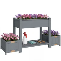 Outsunny Jardinieră Ridicată cu 2 Ghivece Laterale și Raft pentru Unelte, din Lemn de Brad, 149x46x76 cm, Gri(m-11)
