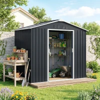 Outsunny Abri de jardin en métal 2,42 m² cabane de jardin 213 x 130 x 185 cm avec fondation, porte coulissante gris foncé(m-17)