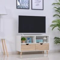 HOMCOM Meuble TV Bas sur Pieds Style scandinave 2 tiroirs Coloris chêne Clair Blanc(m-10)