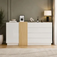 High-Gloss Sideboard with 4 Drawers and 2 Doors, Stylish Storage Cabinet with Anti-Tilt Safety Rails, 140L x 35W x 76.5H cm, White(m-8)