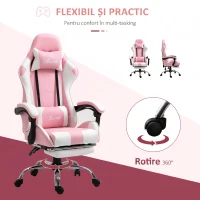 Vinsetto Scaun Gaming Ergonomic Reclinabil cu Tetieră, Pernă Lombară, Înălțime Reglabilă, Roz și Alb(m-6)