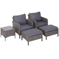 Outsunny Lot de 2 fauteuils de jardin grand confort repose-pied table basse résine tressée imitation rotin coussins gris(m-11)