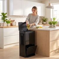 HOMCOM Rechteckiger Pedal-Mülleimer, Küchenabfalleimer 56L, 3 Fächer, Soft-Close, Edelstahl, 45,7x35,8x76cm Schwarz(m-2)