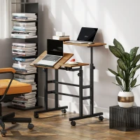 HOMCOM Bureau assis debout bureau réglable en hauteur 70 x 60 cm à roulettes avec plateau inclinable cadre en métal marron(m-10)