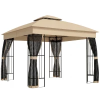 Outsunny 3 x 3 m Outdoor Garden Gazebo with Post Shelves, UPF50+ Double Roof Patio Permanent Pavilion, Brown(m-1)