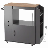 HOMCOM Kitchen Trolley on Wheels, Rolling Kitchen Island Cart with Power Outlet, Cabinet, Pull-Out Drawer, Grey(m-1)