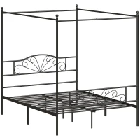 HOMCOM Canopy Bed Frame Double Size, Metal Platform Bed Frame with Headboard and Footboard, Underbed Storage, Black(m-1)