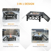 Outsunny Large Outdoor Fire Pit Table, 3 in 1 Square Wood Burning Firepit Metal Brazier, BBQ Grill, Ice Bucket w/ Grill Grate, Log Grate, Lid, Poker for Garden, Camping, Bonfire, 76 x 76 x 47cm, Black(m-4)
