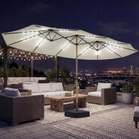 Outsunny Sombrilla Doble de Jardín 4,6x2,6 m con 48 Luces LED Base Incluida Manivela Sacos de Arena Anti-UV Crema(m-10)