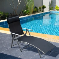 Outsunny Sun Lounger Steel Frame Outdoor Folding Chaise Texteline Lounge Chair Recliner with Headrest & 7 Levels Adjustable Backrest, Black(m-2)