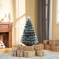 HOMCOM 4ft Artificial Prelit Christmas Tree, Snow Xmas Tree with Colourful LED Lighting Fiber Optics, Green White(m-2)