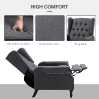 HOMCOM Recliner Armchair, Vintage Reclining Chair with Nail Head Trim, Wingback Chair with Button Tufted Back and Footrest, for Living Room, Dark Grey(m-5)