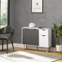 HOMCOM Aparador Móvel Auxiliar de Armazenamento com 2 Armários de Porta Gaveta Pés de Madeira 90x30x72 cm Cinza e Branco(m-14)
