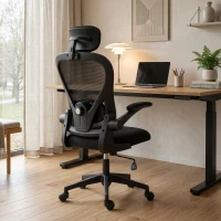 HOMCOM Chaise de Bureau Ergonomique, Fauteuil de Bureau en Maille avec Appui-Tête et Soutien Lombaire Réglables, Noir(m-17)