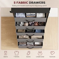 HOMCOM Chest of Drawers, Dresser with 5 Fabric Drawers, Tall Storage Unit with 4 Pockets and 2 Hooks Steel Frame, Charcoal Grey(m-4)