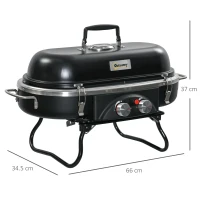 Outsunny Foldable Gas BBQ Grill, 2-Burner Table Top Barbecue with Lid, Piezo Ignition, Thermometer for Camping, Picnic Cooking - Aluminium Alloy(m-3)