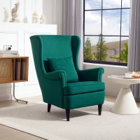 HOMCOM Modern Accent Chair with High Backrest and Pillow, Velvet-Feel Fabric Reading Chair with Solid Wood Legs, Green(m-10)