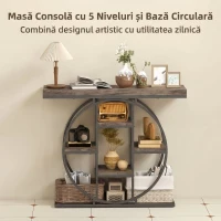 HOMCOM Masă consolă industrială cu rafturi și cadru circular din oțel, 100 x 30 x 81,5 cm, maro rustic(m-4)