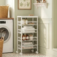HOMCOM Chariot de rangement à 4 niveaux, desserte à roulettes avec paniers amovibles, cadre en métal, blanc(m-14)