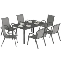 Outsunny Table de jardin extérieure avec 6 chaises empilables, plateau à lattes 150 cm structure en acier anti-rouille gris clair(m-11)