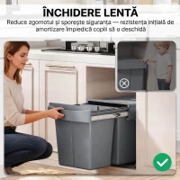 HOMCOM Coș de gunoi glisant sub chiuvetă pentru reciclare cu 2 găleți de 20L, 52x33.5x41 cm, Gri(m-7)