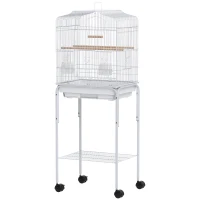 PawHut Jaula para Pájaros con Ruedas Estante Puertas 2 Comederos 2 Perchas Columpio Bandeja Extraíble 46,5x36x124 cm Blanco(m-10)