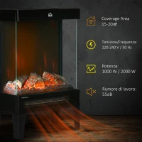HOMCOM 180° Charming Electric Fireplace Heater, Quiet Freestanding Stove with LED Flame Effect, 3-Sided Tempered Glass Panels, Level-less Temperature Control, Overheat Protection, 1000W/2000W, Black(m-6)
