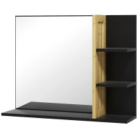 HOMCOM Oglindă de Baie Modernă de Perete cu 4 Rafturi din Lemn, 45x15x58.5cm, Negru(m-12)