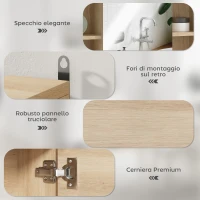 HOMCOM Armadietto con Specchio in MDF e Truciolato con 3 Ripiani Laterali e Ripiano Regolabile Interno, 60x14.5x49.4 cm(m-5)