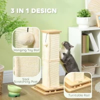 PawHut 3-in-1 Cat Scratching Post, 67cm Cat Scratcher w/ Track Ball Toy, Oak Tone(m-4)